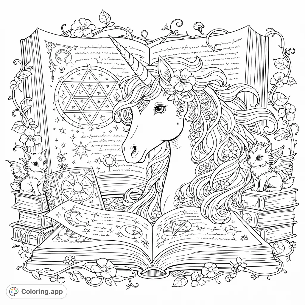 Discover a majestic unicorn surrounded by ancient spell books and mystical creatures. An intricate fantasy coloring page filled with magic and detailed elements.
