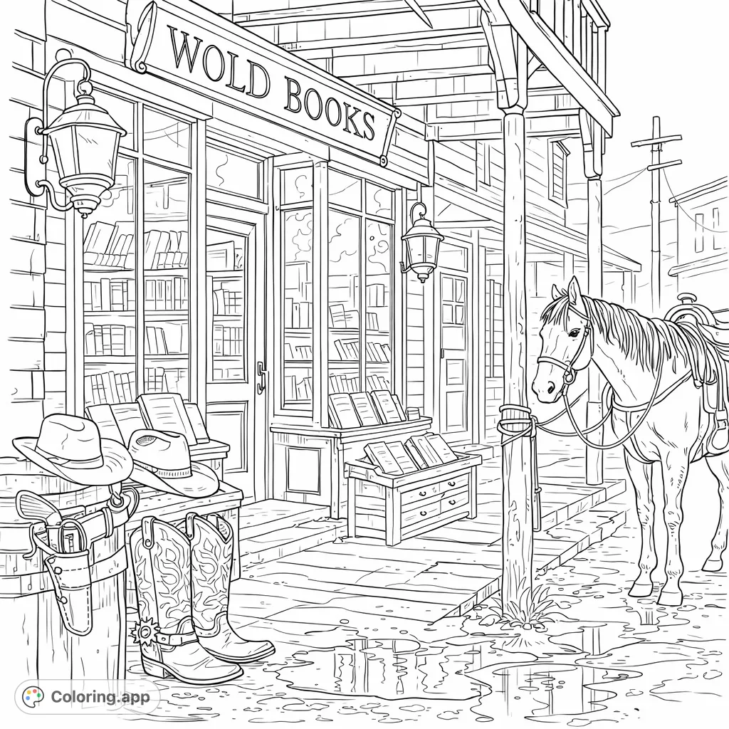 Explore a detailed Western town scene featuring a cozy bookshop, a saddled horse, and cowboy gear, perfect for history enthusiasts.