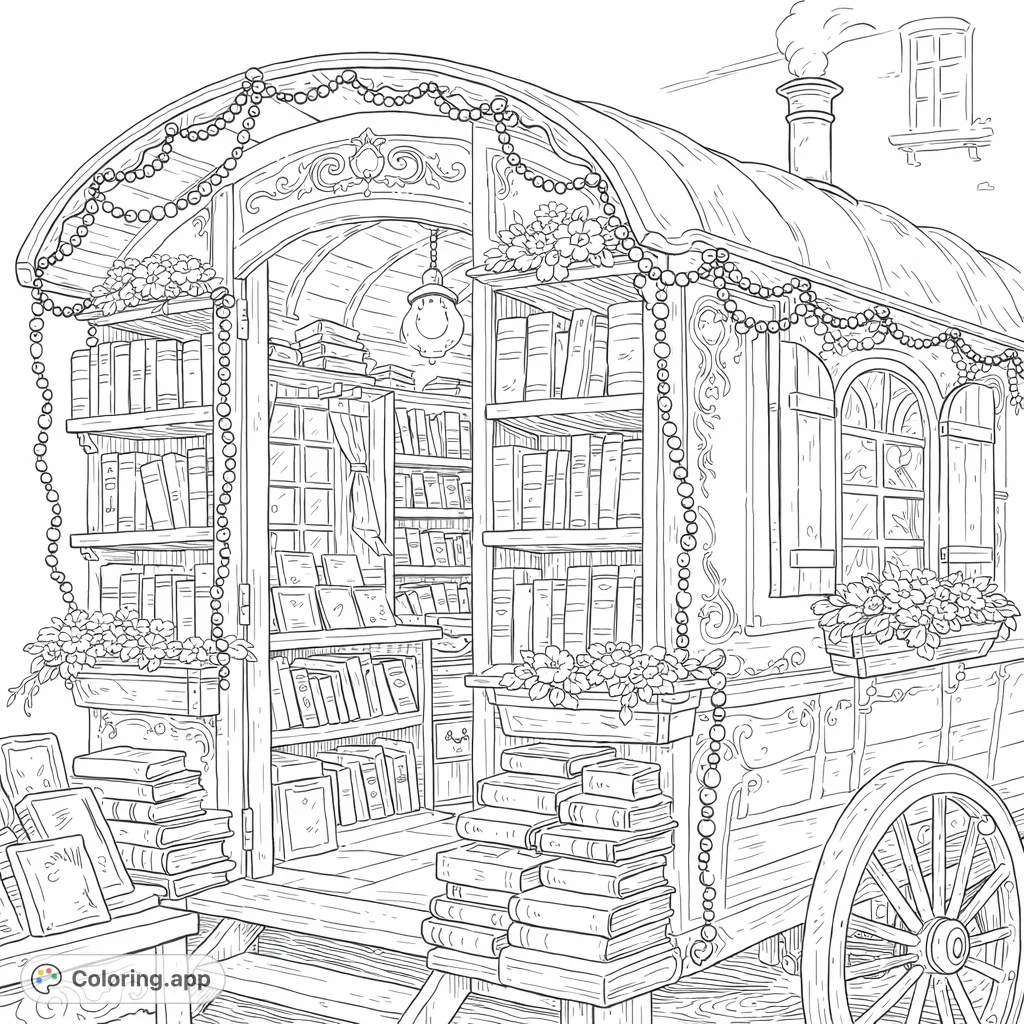 Explore a charming mobile bookstore wagon, adorned with intricate details and overflowing with books. A delightful scene for literary adventure and imaginative coloring.