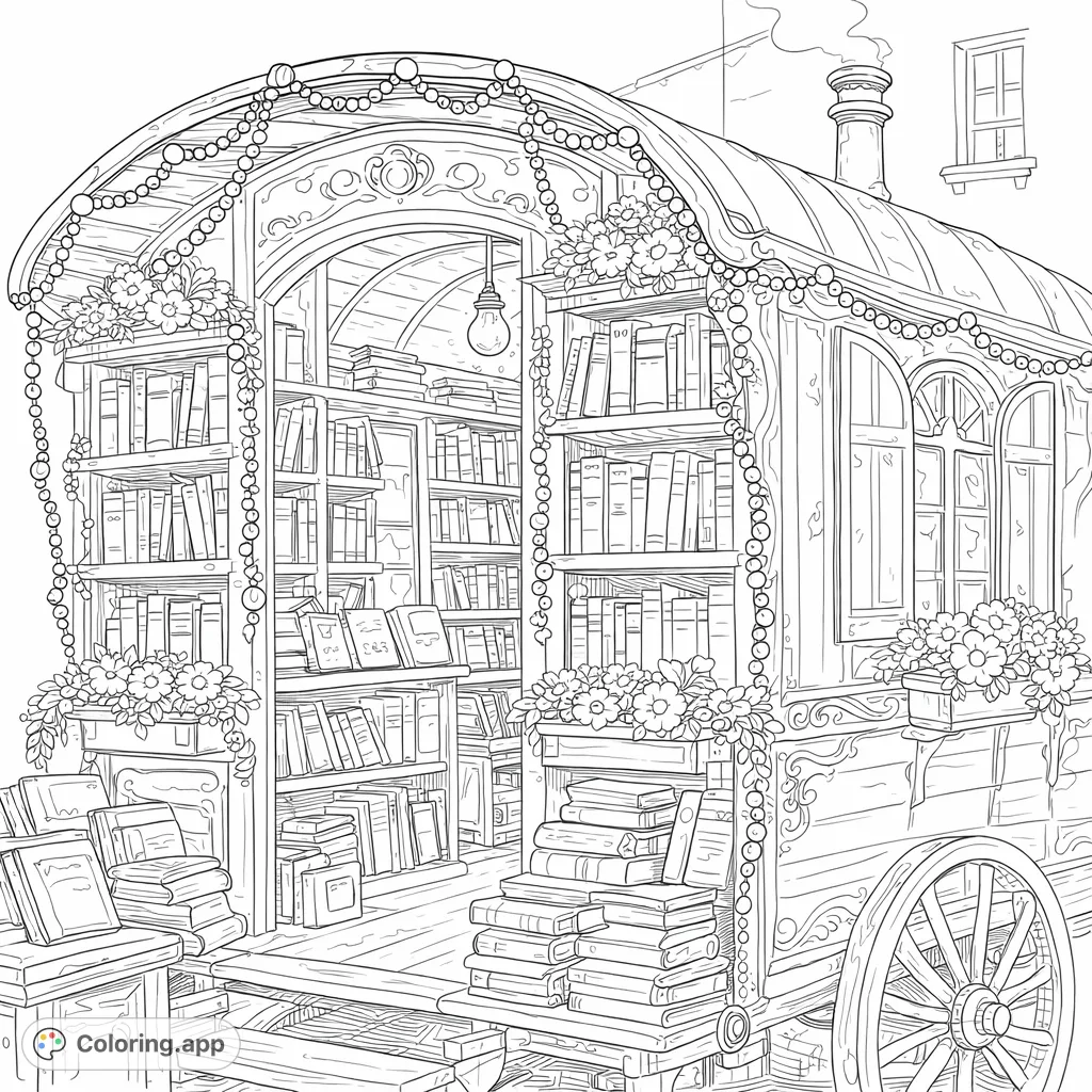 Explore a charming, mobile bookstore wagon overflowing with books and delicate decorations. Perfect for those who love intricate details and cozy scenes.