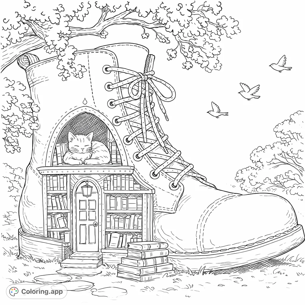 Discover a charming world within a giant boot, complete with a cozy cat, endless books, and a peaceful natural setting, perfect for imaginative coloring.