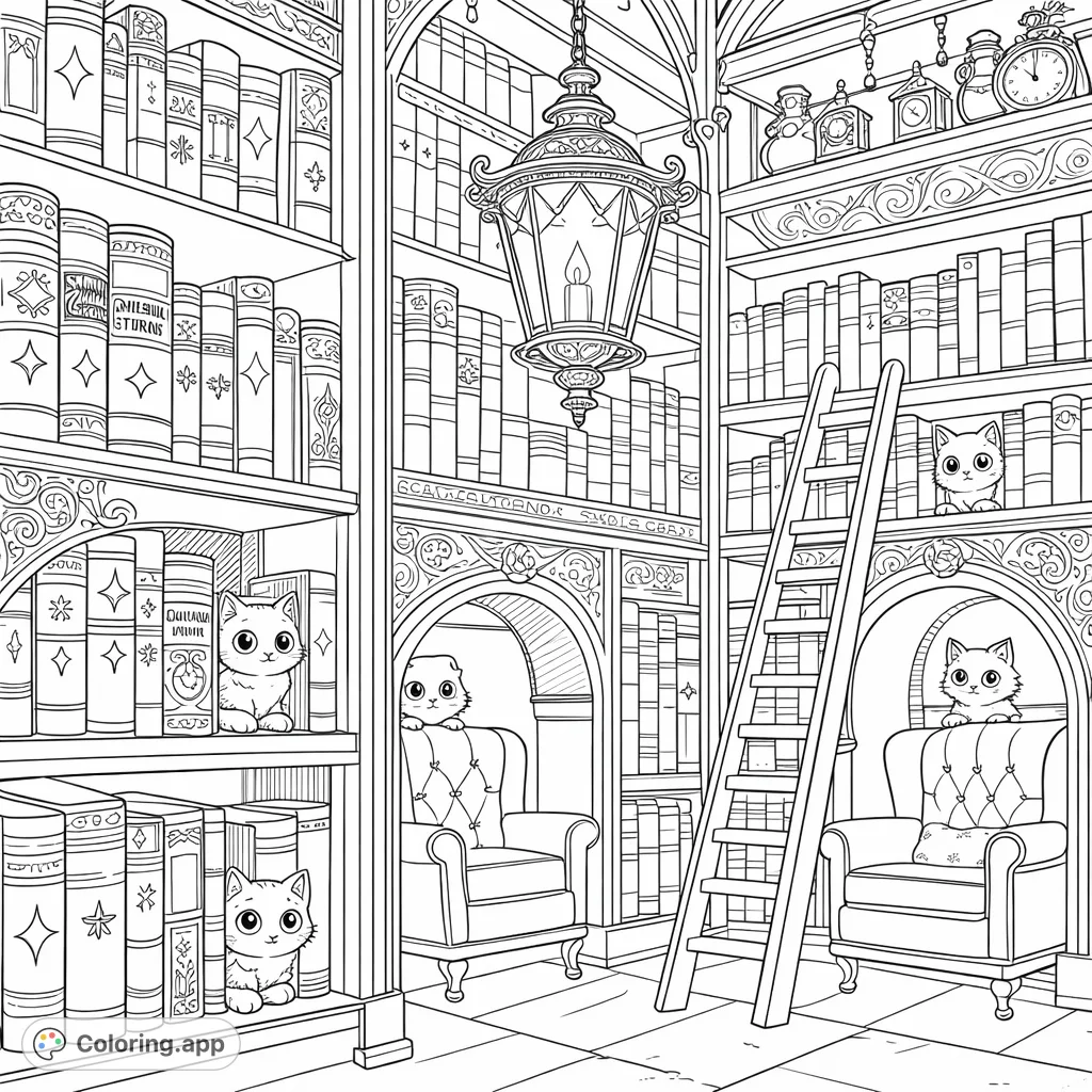 Explore a magical library with towering books, cozy reading nooks, and playful feline friends. An enchanting scene offering hours of intricate coloring enjoyment.