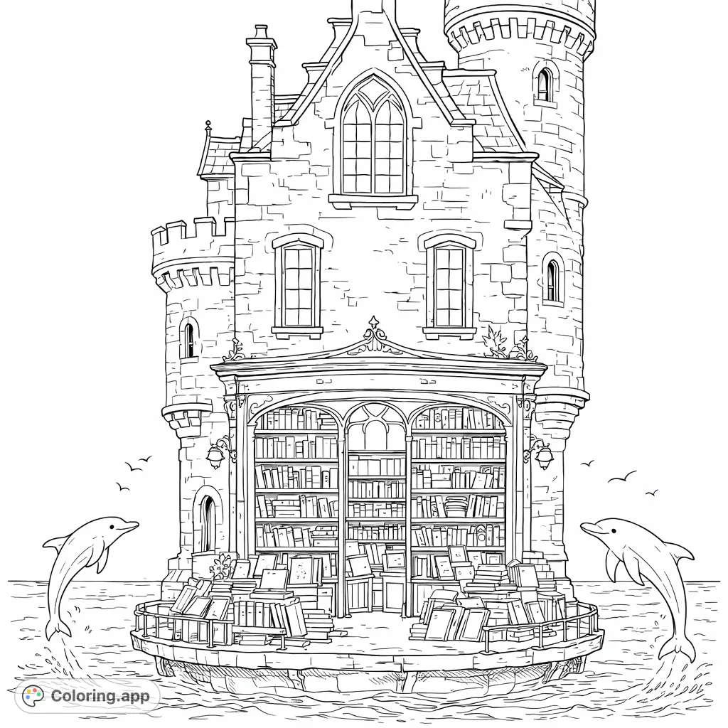 Dive into a magical scene! A charming castle-like bookstore on the water, surrounded by playful dolphins, offers a delightful coloring adventure.