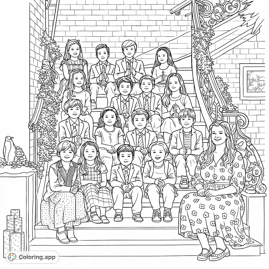 A charming group of children and adults pose on a grand, decorated staircase. Perfect for coloring intricate details and diverse characters in festive attire.