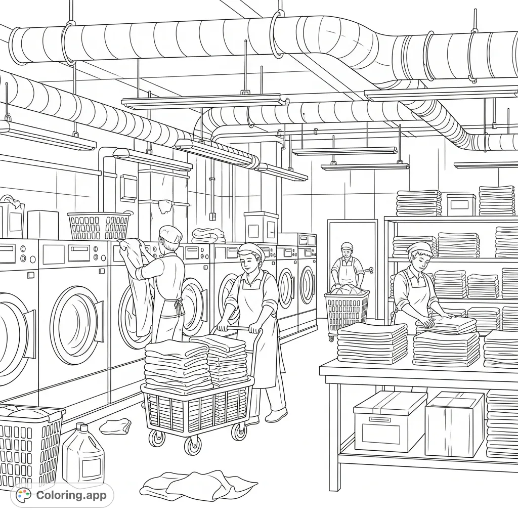 Step into a bustling industrial laundry room coloring page, showcasing large machines, dedicated workers, and piles of textiles. Perfect for a unique creative challenge.