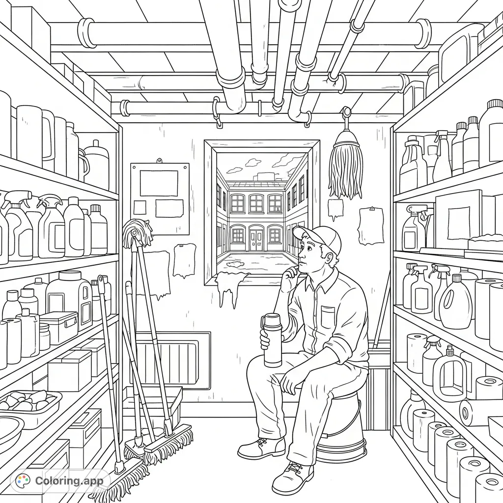 Discover a realistic janitor's break in a cluttered supply closet. A detailed scene with shelves of supplies, exposed pipes, and a thoughtful janitor.