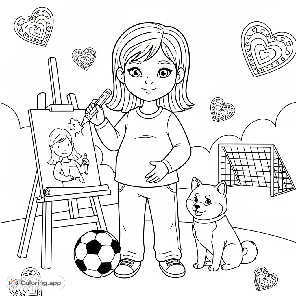 A heartwarming coloring page featuring seven-year-old Paola, embracing her role as a future big sister, surrounded by her beloved soccer and art supplies.