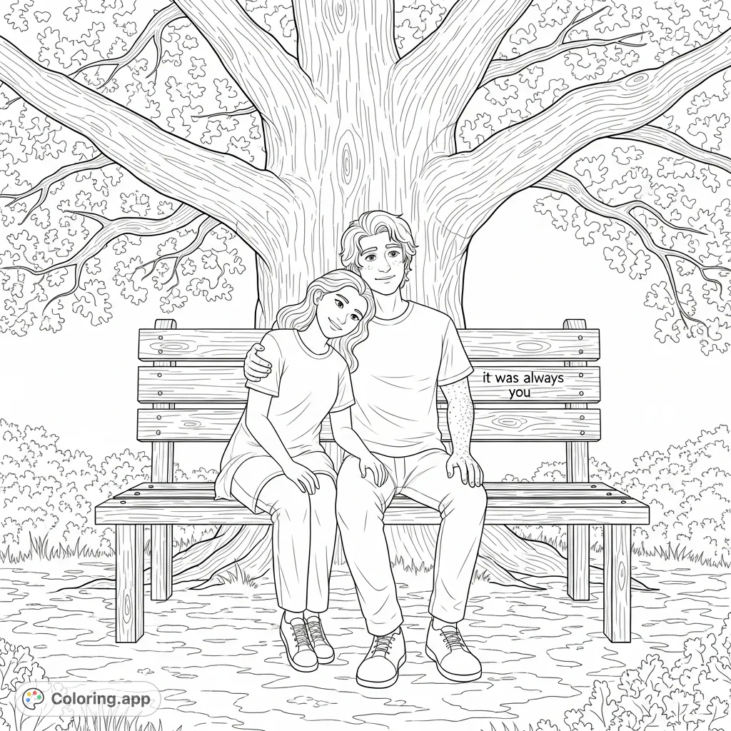 Capture a tender moment between Lainey and Bruno on a carved wooden bench under an ancient oak, with 'it was always you' subtly etched, perfect for adult coloring.