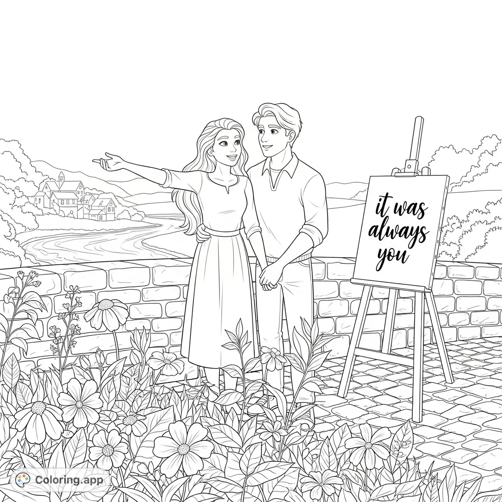 A charming scene featuring Lainey and Bruno on a cobblestone bridge, a quaint village in the distance, and a special message on an artist's easel.