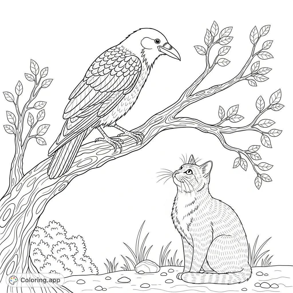 Discover a charming crow and cat coloring page. This free printable features a curious feline and a watchful bird on a branch, perfect for animal lovers!