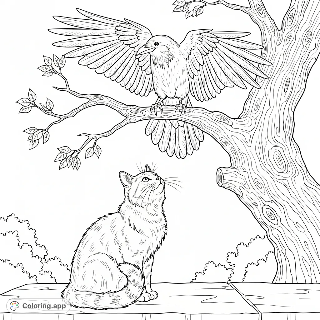 A serene nature scene featuring a curious cat observing a majestic crow with spread wings on a gnarled tree branch. Perfect for animal and wildlife enthusiasts.
