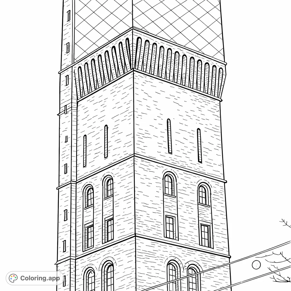 A detailed historic brick water tower stands tall against the sky. Features intricate brickwork, arched windows, and a patterned roof for a captivating coloring experience.