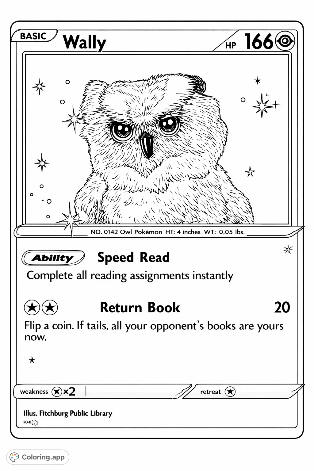 Bring Wally the Owl's unique collectible card to life! This fun coloring page features a plush owl character, detailed card elements, and playful starbursts.