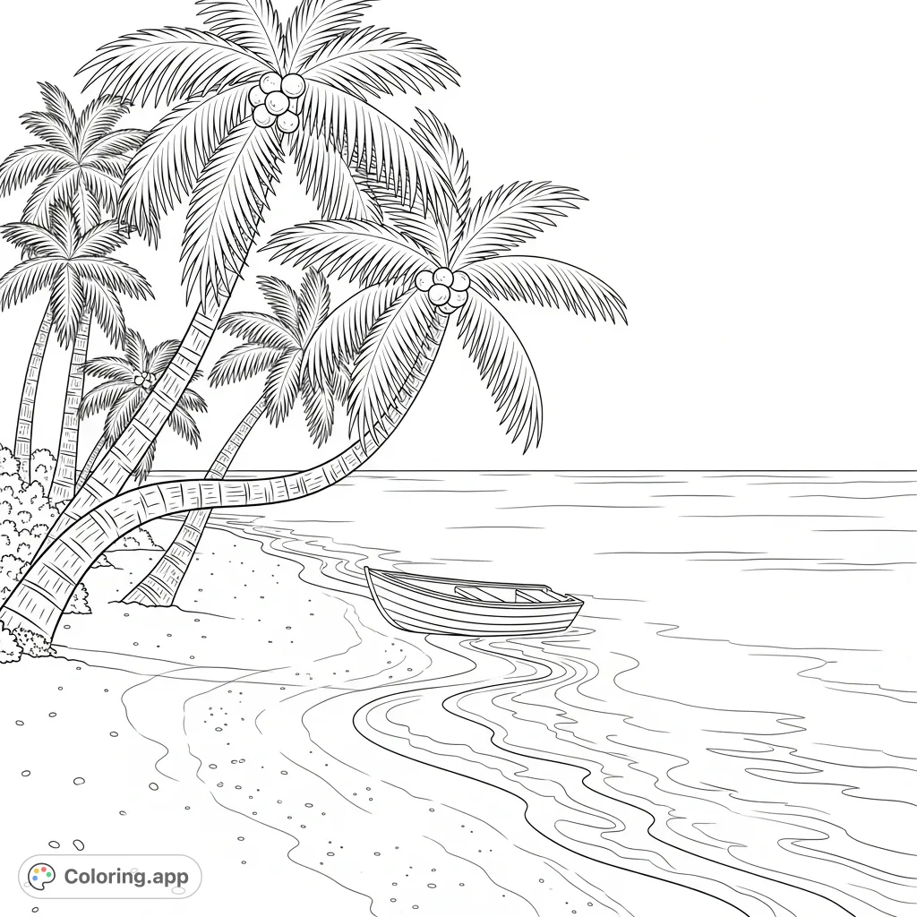 Explore a tranquil island beach coloring page featuring swaying palm trees, a small boat on the shore, and calm ocean waters, perfect for relaxation.