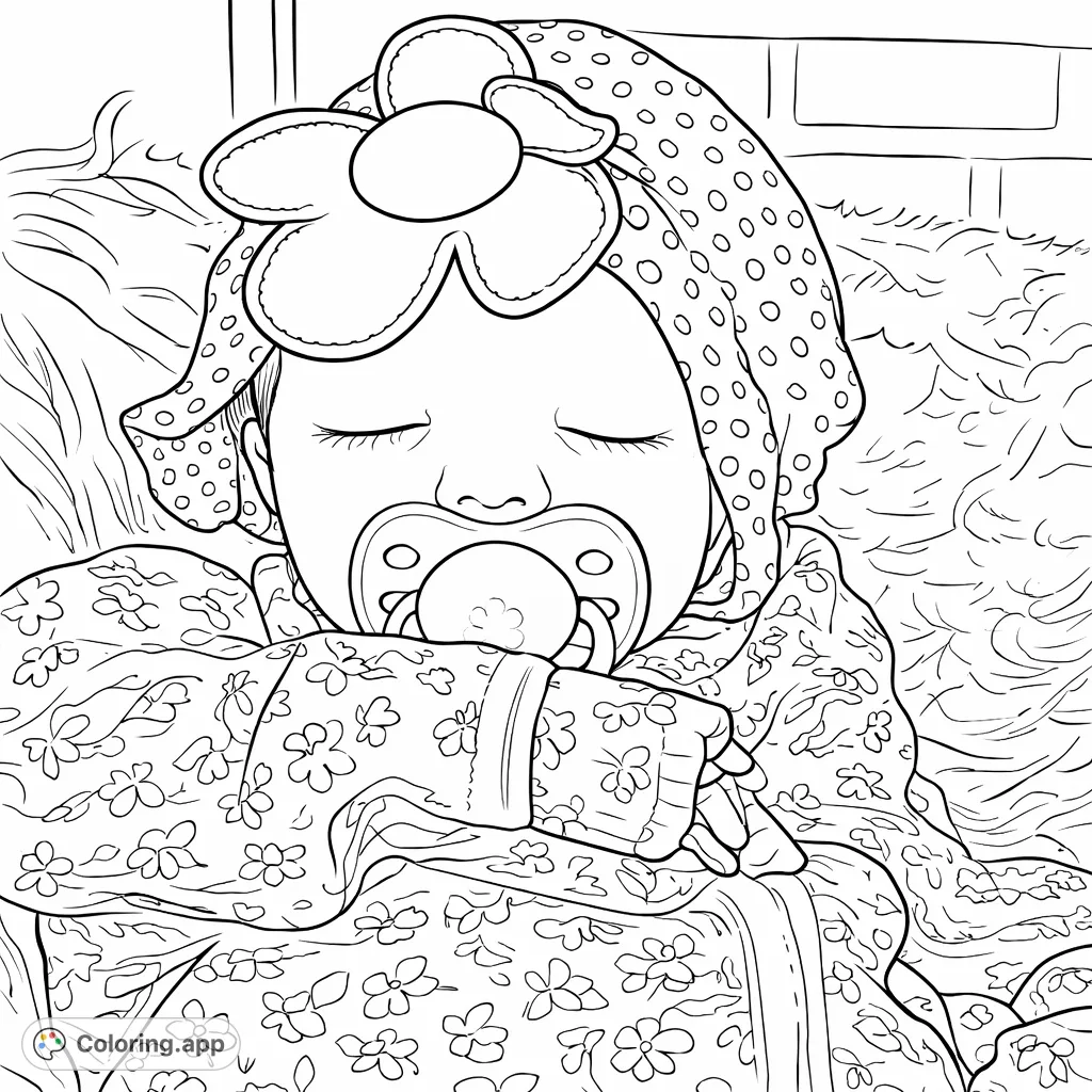 Adorable sleeping baby doll with a charming floral bonnet and pacifier, nestled against a soft texture, perfect for a peaceful coloring experience.