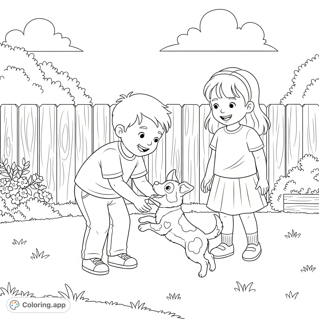 Smiling kids playing with a lively puppy in a cheerful backyard. A fun, free printable backyard coloring page for children and pet lovers!