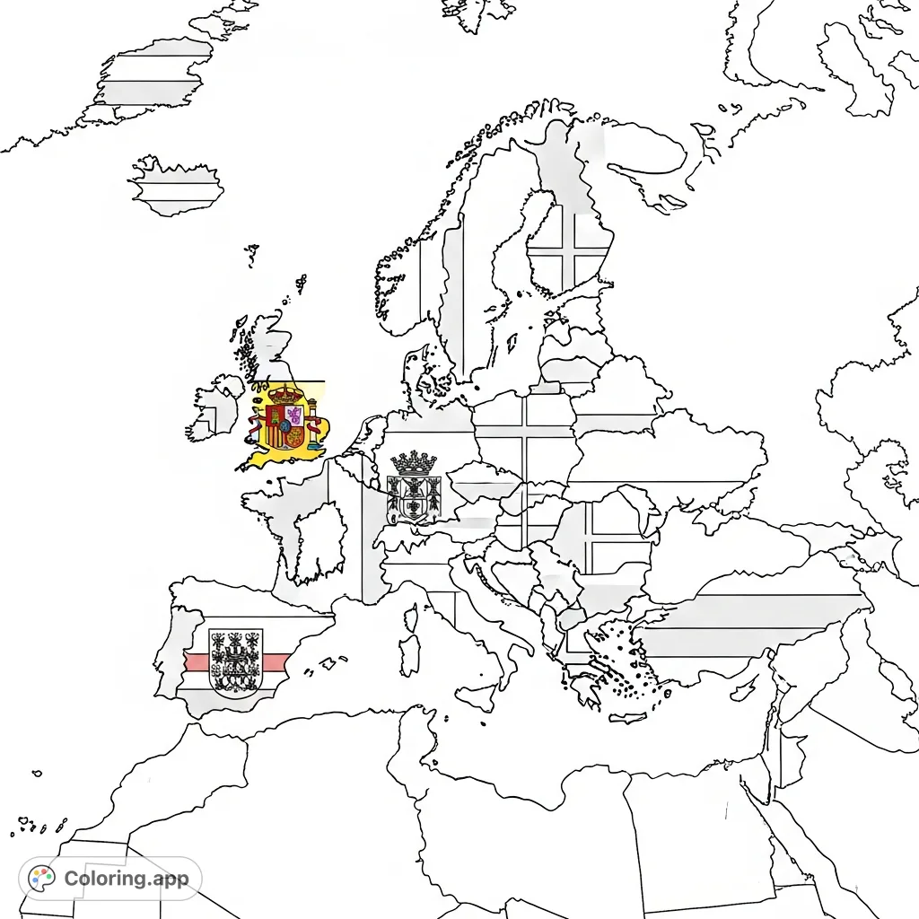 A detailed Europe map coloring page featuring flag patterns for Netherlands, Spain, Italy, France, Germany, England, Portugal, Hungary, Denmark, Czechia, Bulgaria, and Belgium. An educational and intricate free printable coloring page.
