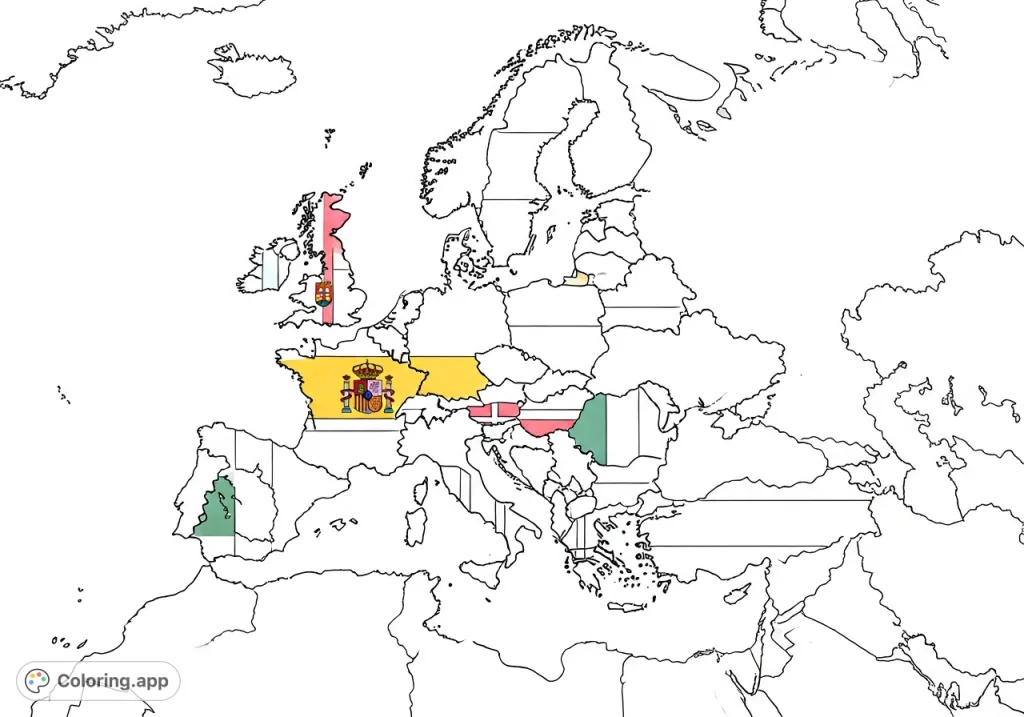 Explore the continent with this detailed Europe map coloring page, highlighting key countries for a fun and educational coloring experience.