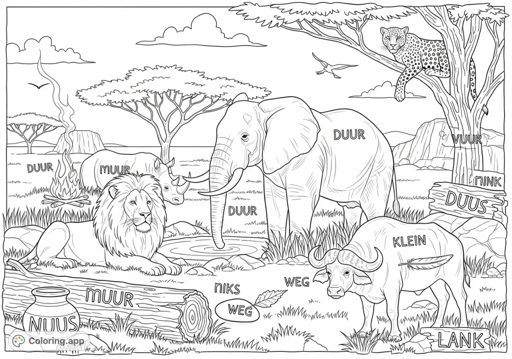 Explore a lively African savanna scene featuring the Big Five animals and discover ten hidden words for an engaging coloring and learning adventure!