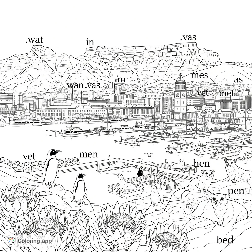 Explore a detailed Cape Town coloring page featuring majestic Table Mountain, the lively V&A Waterfront, iconic animals, and protea flowers. Discover hidden words!