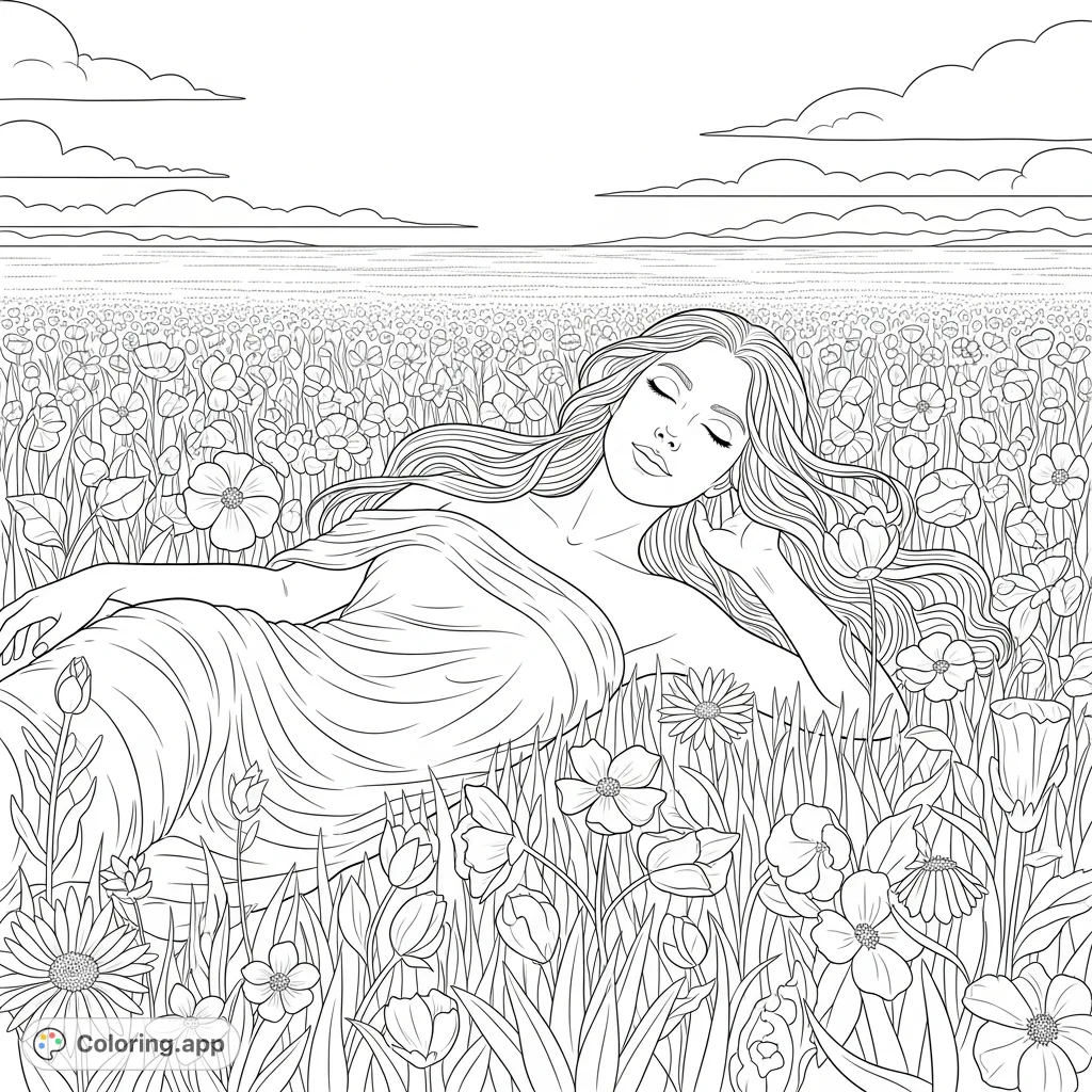A beautiful woman with long, flowing hair relaxing amidst a vast field of diverse flowers, offering a peaceful and detailed nature coloring page for creative coloring.