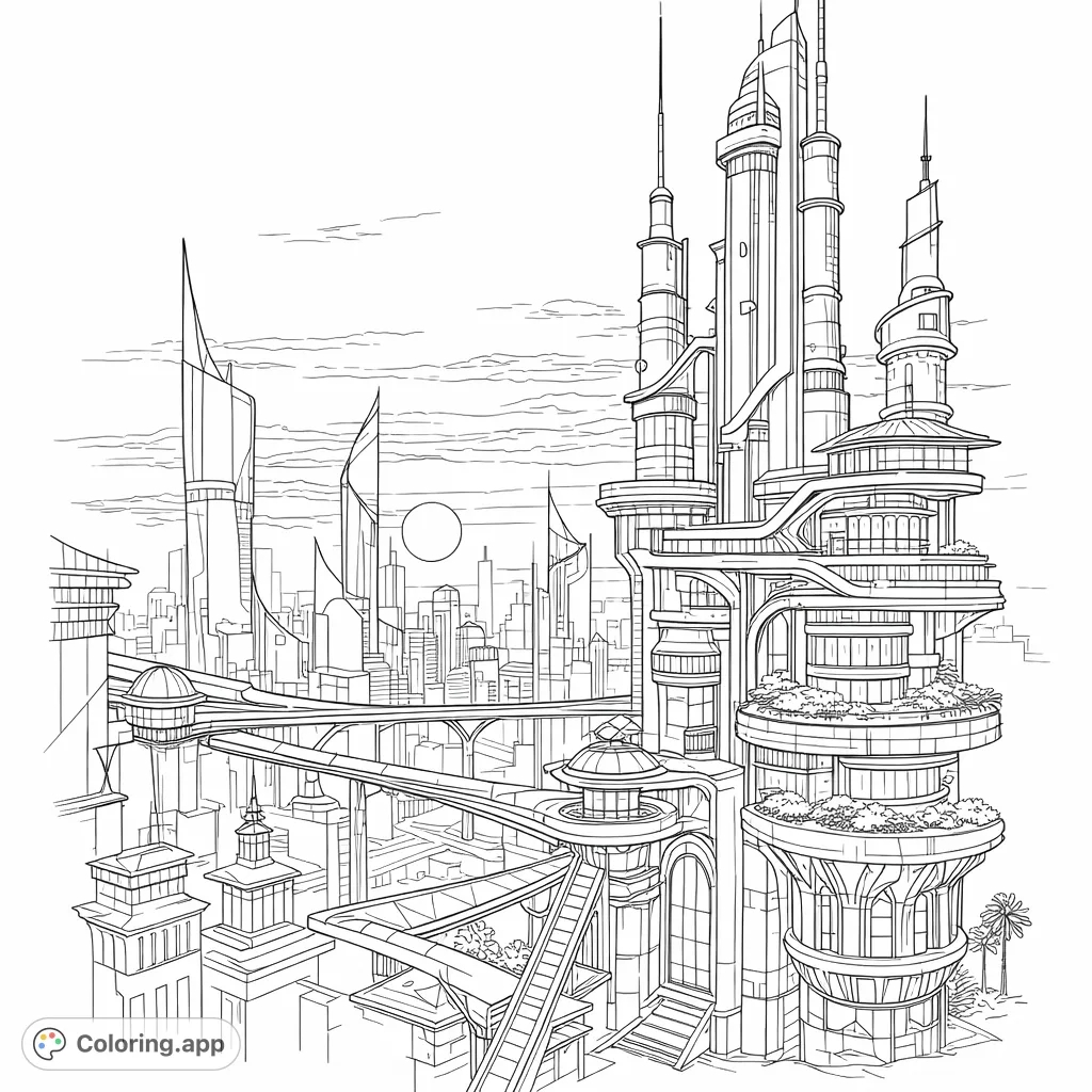 Explore a magnificent futuristic cityscape coloring page with soaring skyscrapers, intricate sky bridges, and unique architectural designs under a grand celestial body.