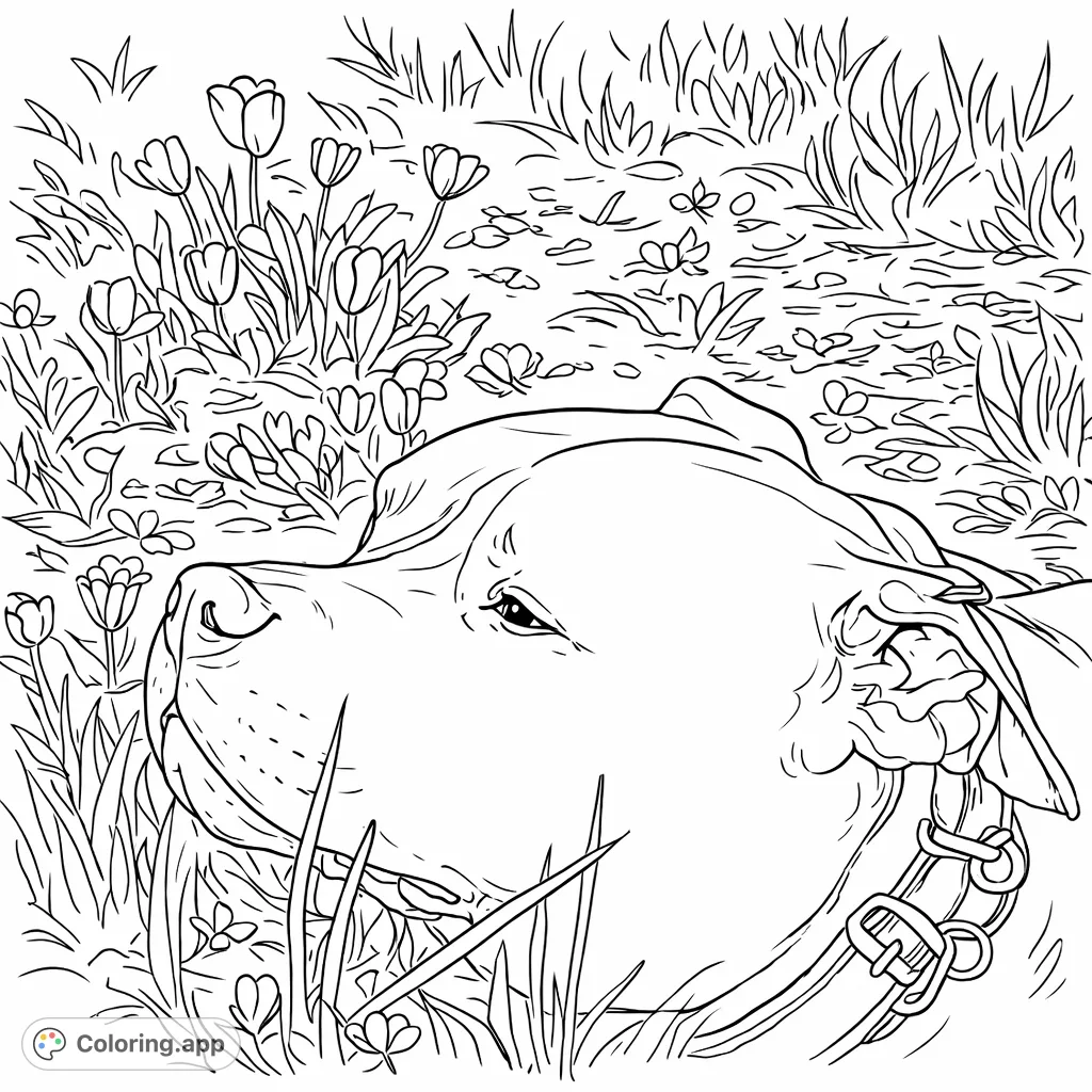 A sweet dog's head peeks from a field of delicate flowers, looking upwards with a gentle expression. This charming animal coloring page invites peaceful relaxation.