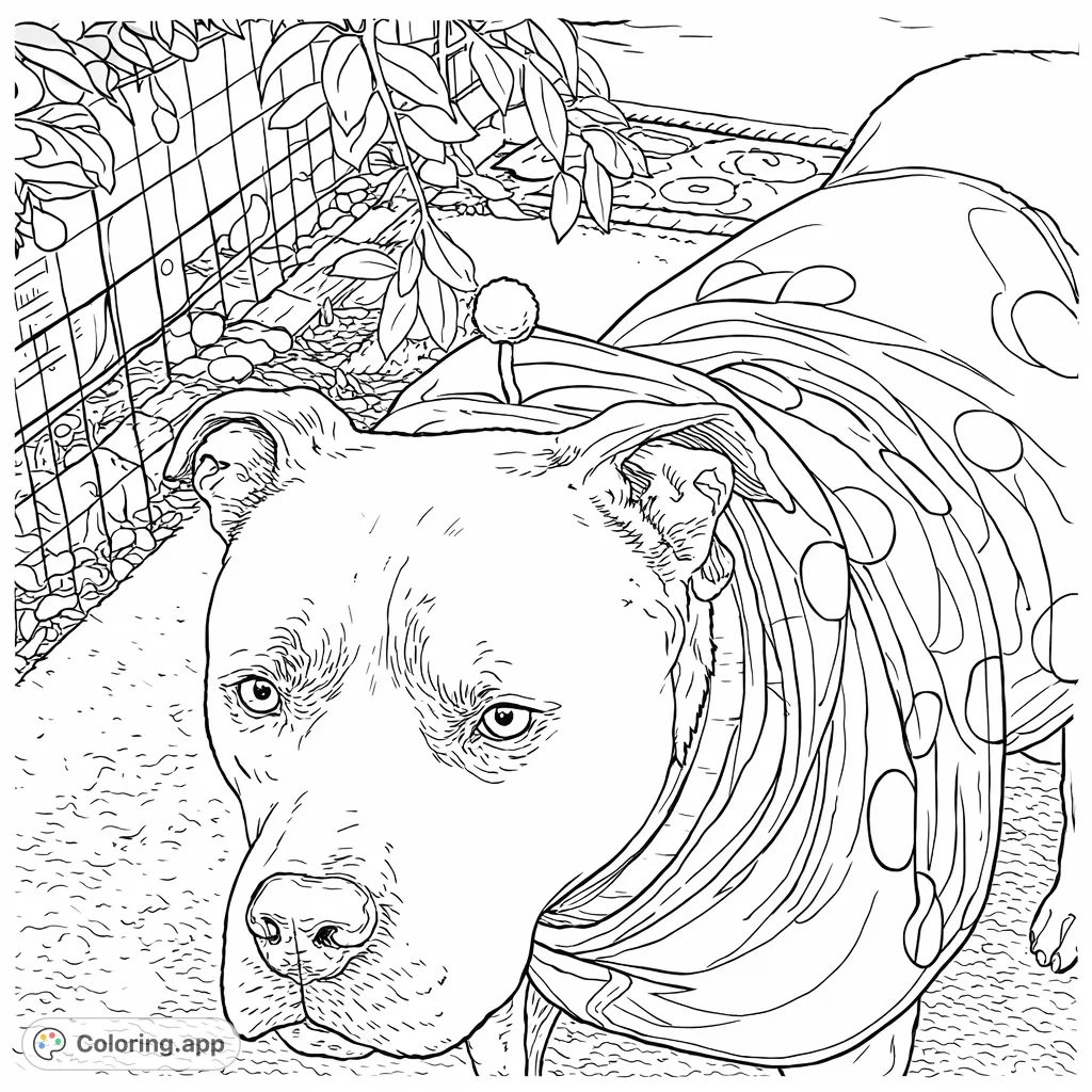 An adorable pitbull-type dog poses playfully in a charming ladybug costume, featuring prominent spots and a cute pom-pom. A delightful scene for pet lovers and costume enthusiasts.