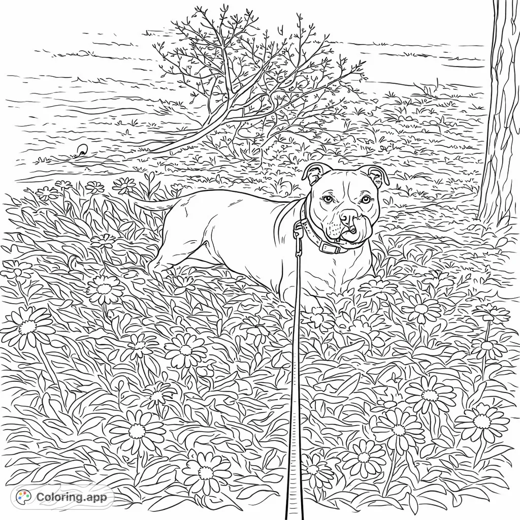 A charming coloring page featuring a loyal dog resting serenely amidst a vibrant field of numerous small flowers, perfect for all ages.