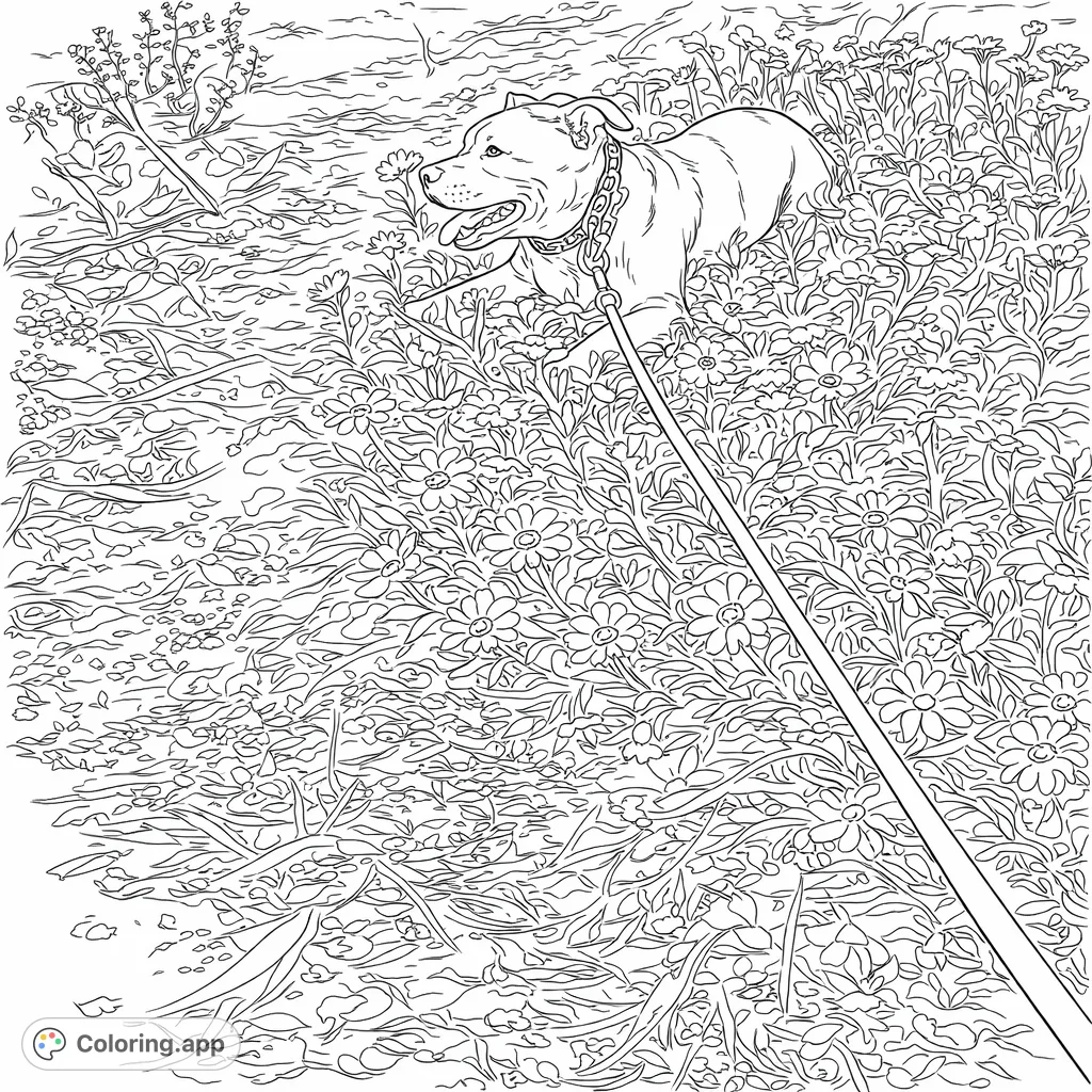 A charming dog relaxes amidst a field of cheerful flowers, ready for a delightful coloring adventure. Perfect for pet lovers seeking a challenge.