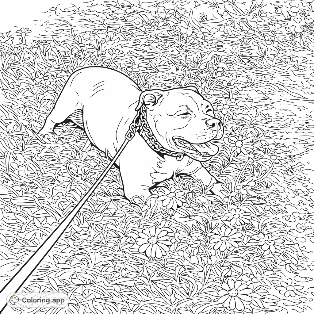 A charming dog relaxes in a vibrant field of flowers. Perfect for animal lovers, this free printable features detailed foliage and a contented canine. Enjoy coloring!