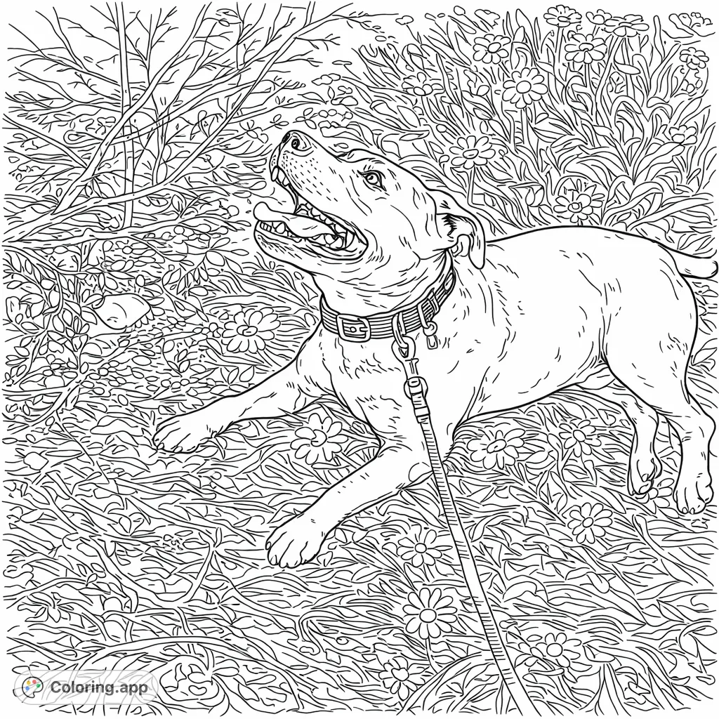 A contented canine rests in a blooming flower patch, looking up with an open mouth. A delightful dog coloring page for nature and pet lovers.
