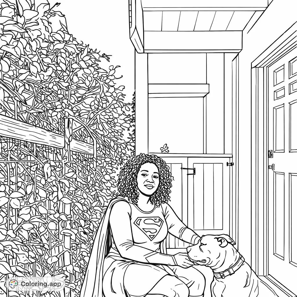 An empowering superheroine with her loyal dog. Features a dynamic pose and rich background details, offering a fun and engaging coloring experience.