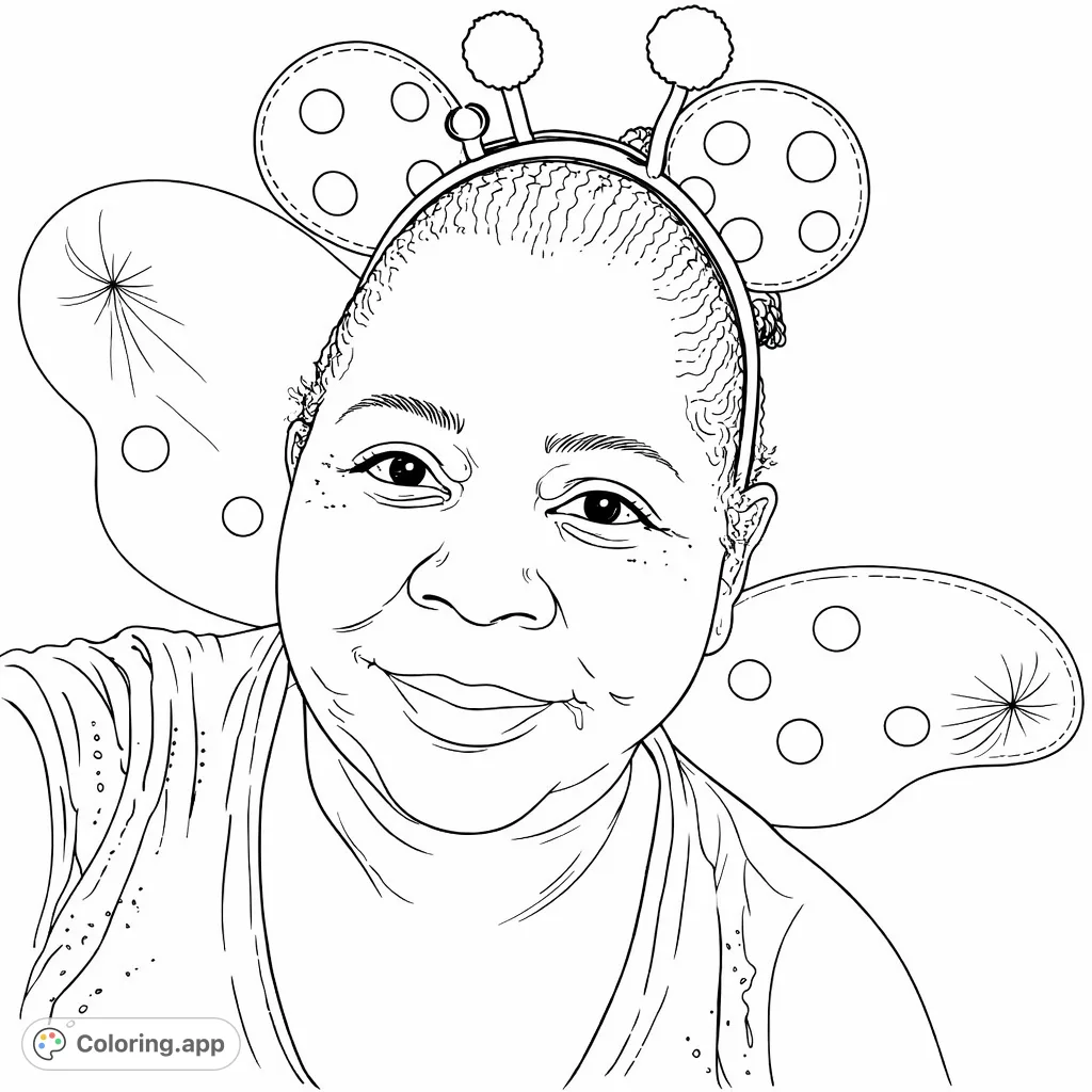 Discover a charming ladybug costume coloring page featuring a person with playful antennae and wings. Unleash your creativity with vibrant colors!