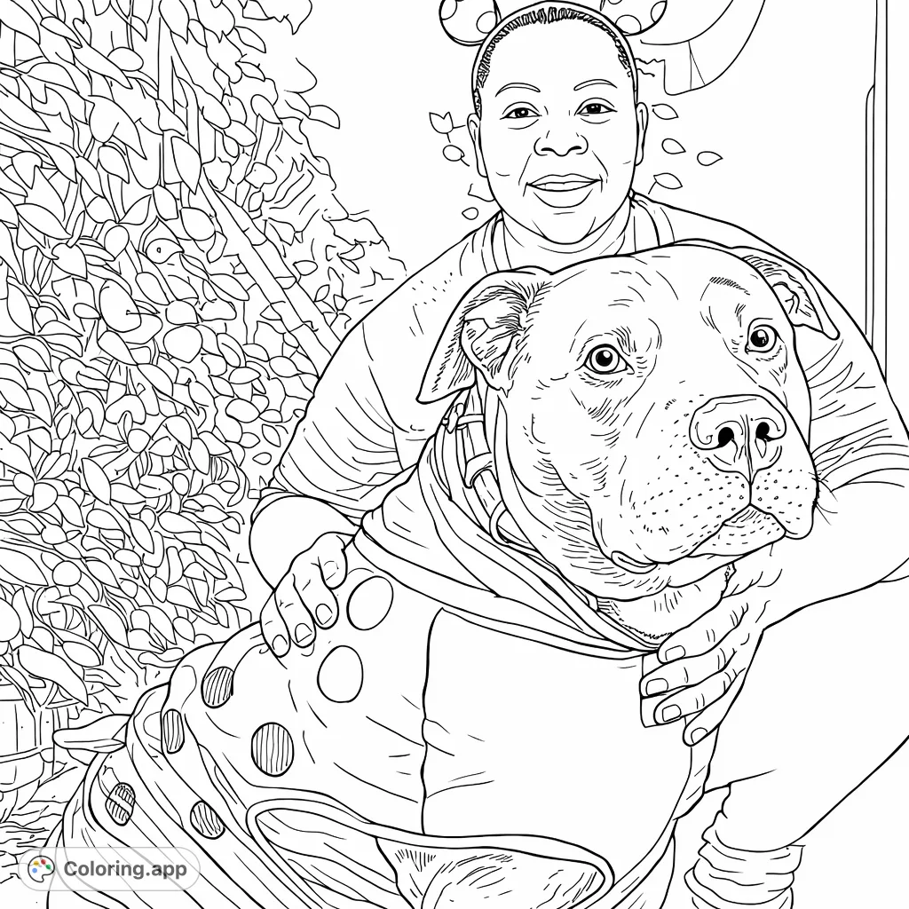 Capture the heartwarming bond between a person and their dog in a playful ladybug costume. A charming scene for all ages to color.