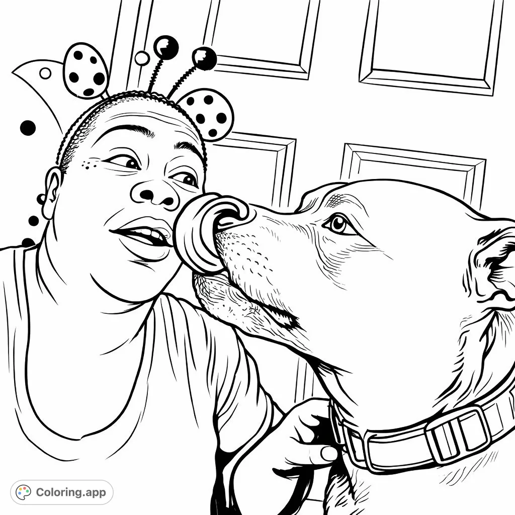 A heartwarming ladybug woman and dog coloring page. Capture a playful moment with a woman in a ladybug costume and her affectionate canine companion.