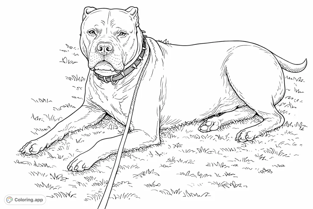 Discover a powerful Pitbull relaxing on a grassy lawn. This detailed coloring page captures the dog's calm demeanor and muscular form, perfect for animal lovers.