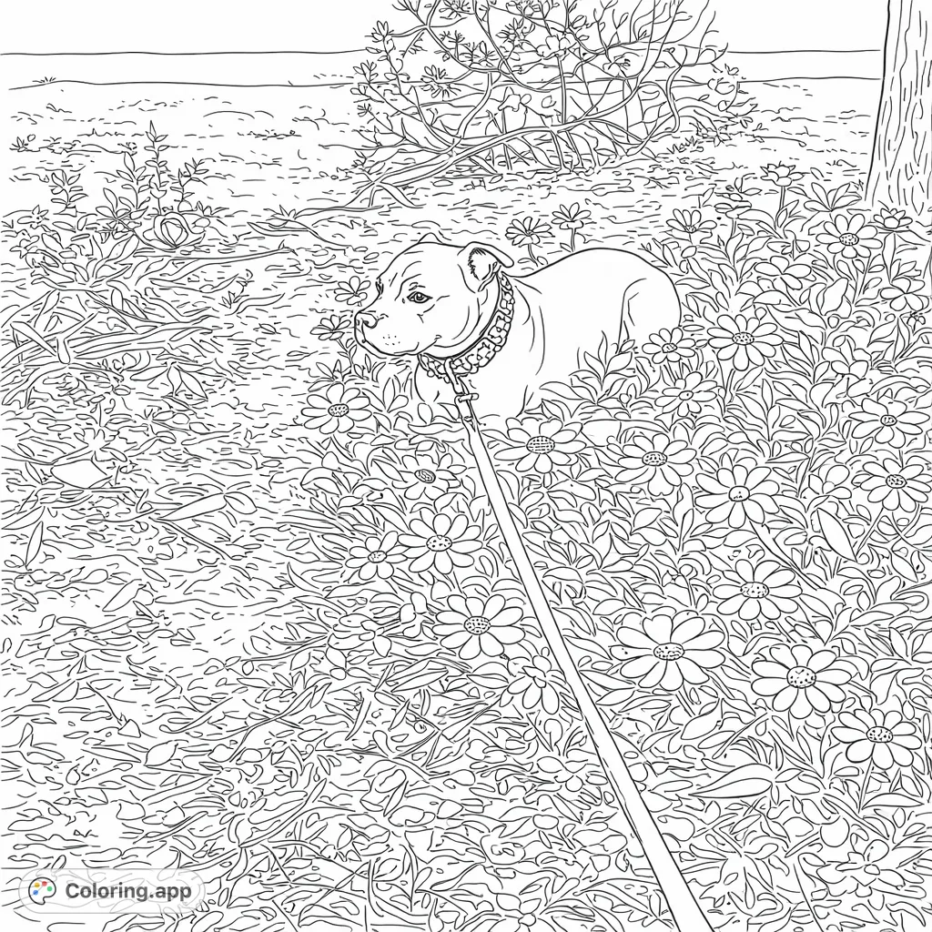 A charming coloring page featuring a gentle dog resting peacefully amidst a vibrant field of blossoms, perfect for animal and nature lovers.