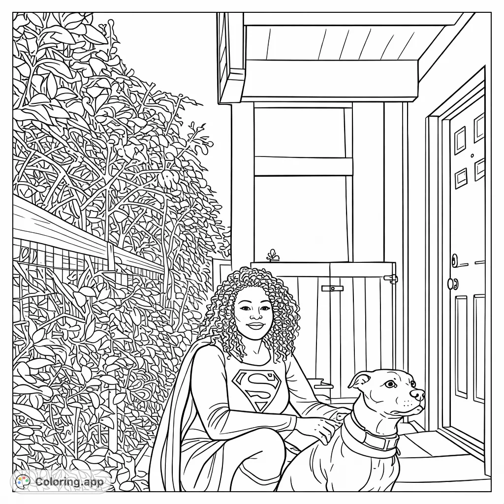 An inspiring superhero woman and her loyal dog companion, both in heroic costumes, ready for adventure. This superhero coloring page is fun for all ages.