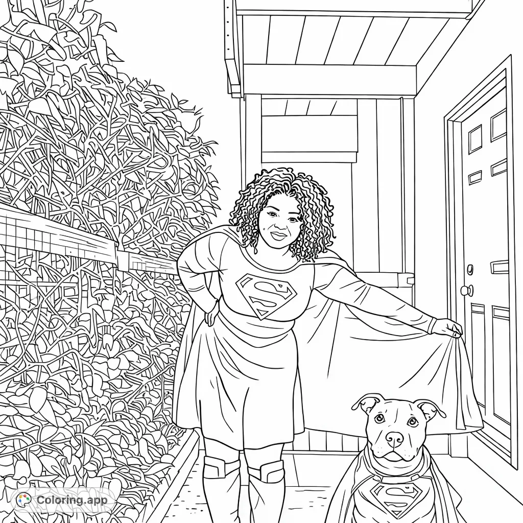 Join a heroic woman and her loyal super-dog for an adventure! This superhero duo coloring page features intricate details on their costumes and a natural outdoor setting.