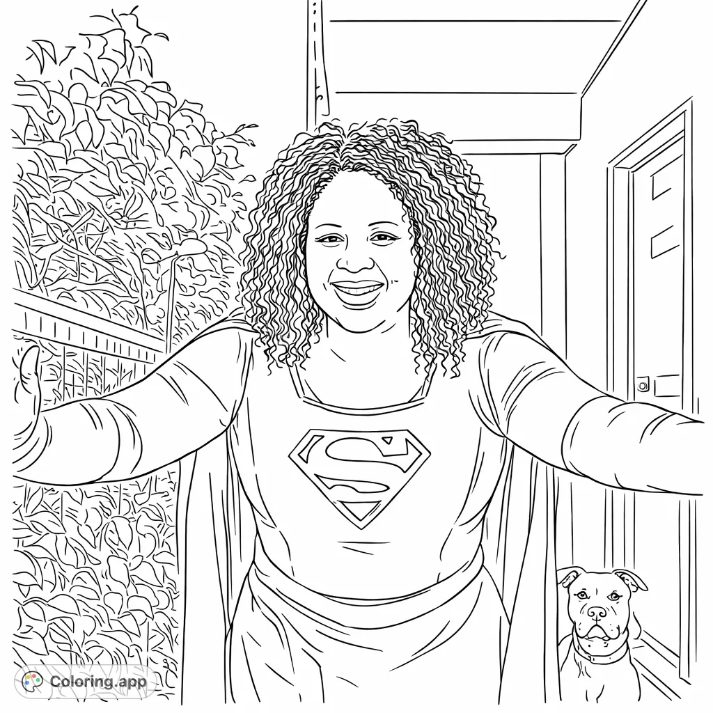 A powerful superhero woman in an iconic emblem-adorned costume poses with her loyal canine companion, ready for action in this engaging coloring page.