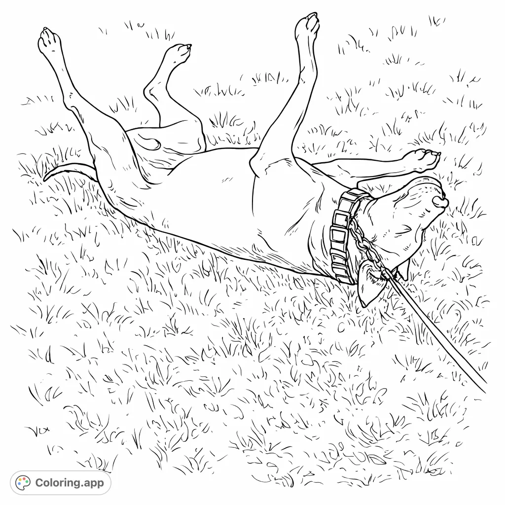 A playful canine relaxes on its back in a field, paws extended skyward. This happy dog coloring page captures a moment of pure, joyful leisure.