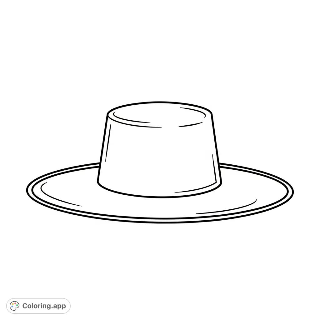 Color this simple, iconic Quaker hat with a short crown and wide, flat brim. A free printable coloring page perfect for all ages and historical themes.