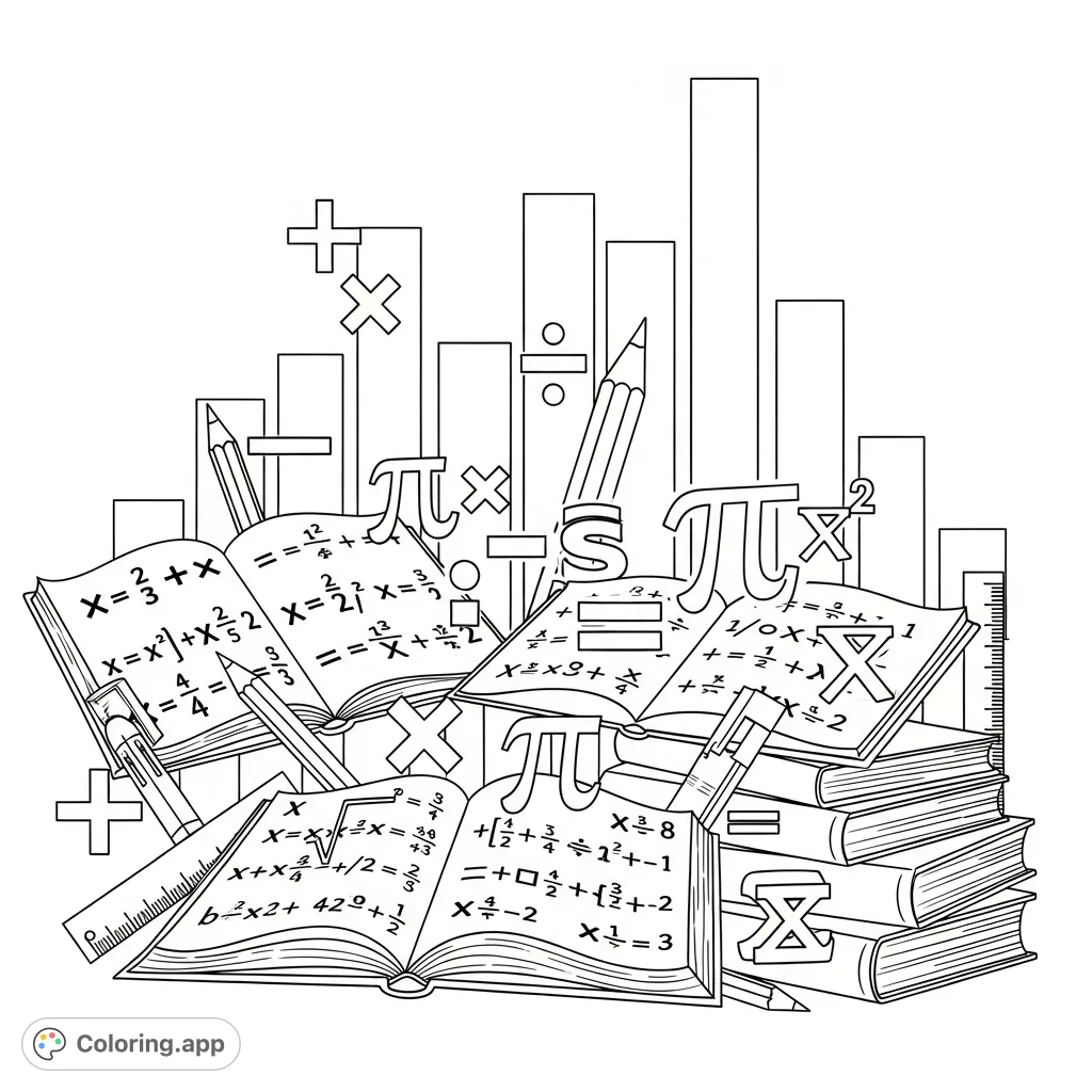 A detailed maths book cover featuring dynamic arrangements of math symbols, books, pencils, rulers, and bar graphs for an engaging learning-themed coloring page.