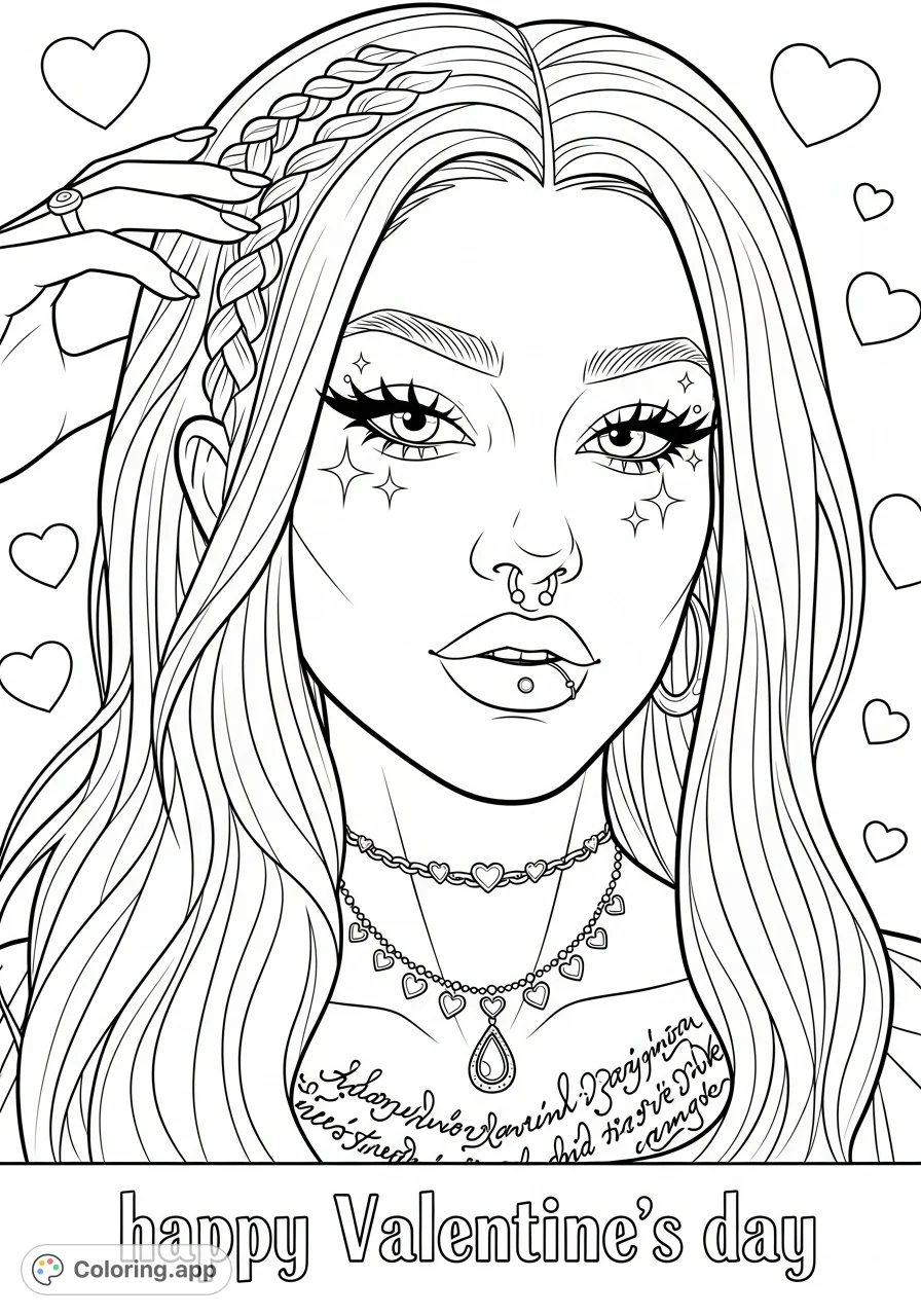 An intricate Valentine's Day portrait featuring a person with flowing hair, detailed eyes, jewelry, and script patterns, surrounded by hearts and 'happy Valentine's day' text.
