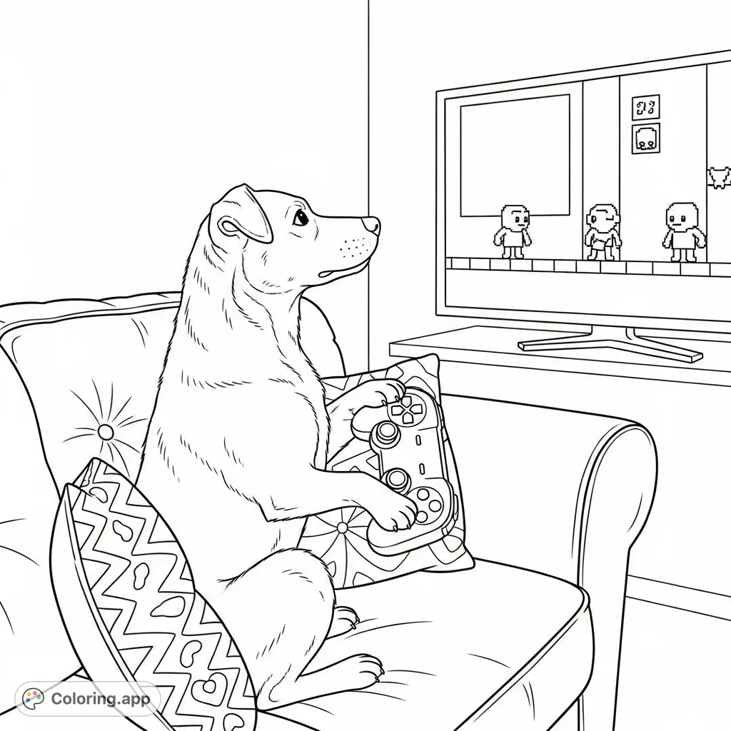 A playful dog engrossed in a video game on a comfortable couch. Perfect for dog lovers and gamers, this free printable coloring page offers a fun scene.