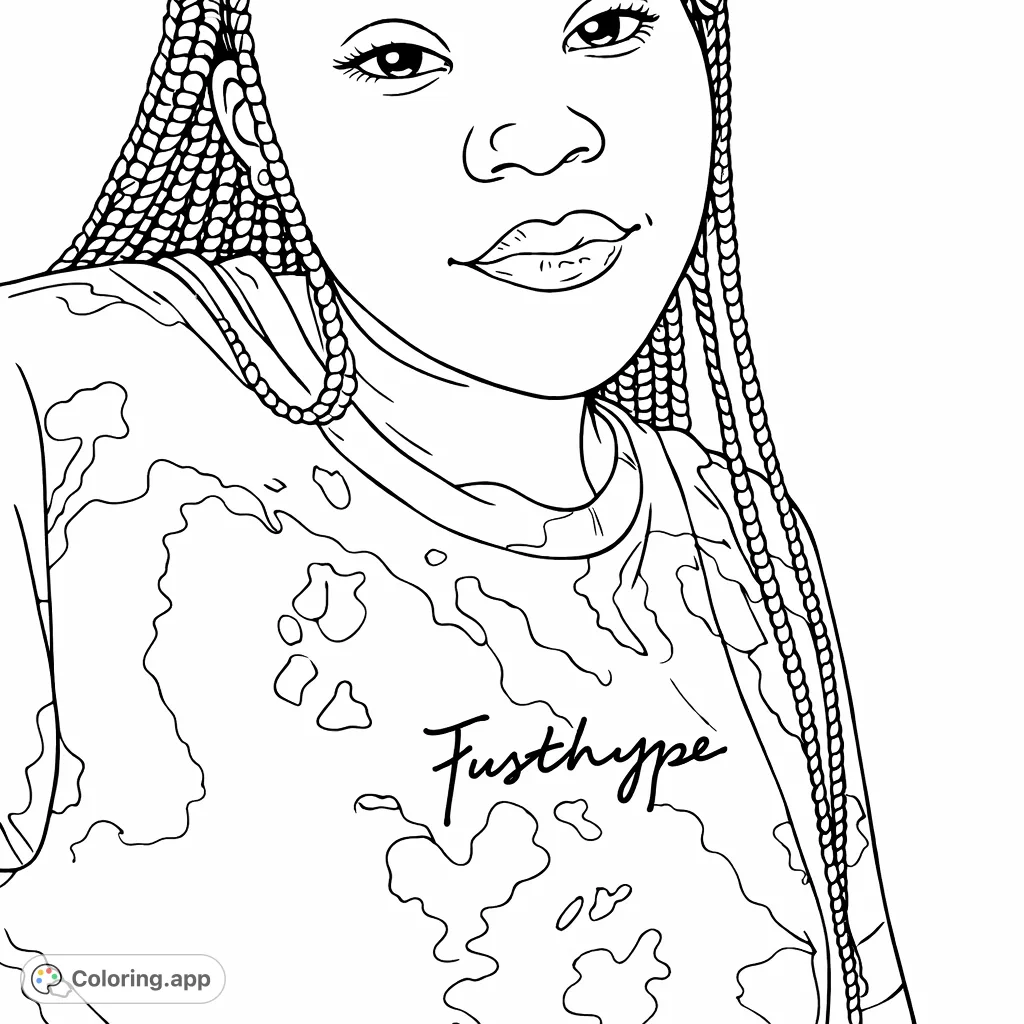 Color a portrait of a person with intricate braids and a stylish patterned shirt, perfect for expressing creativity and exploring unique designs.