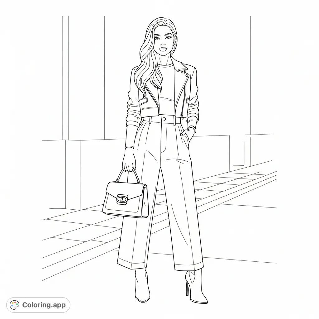 A sophisticated young woman in elegant street fashion. This fashion coloring page offers intricate details for a creative and stylish coloring experience for teens and adults.