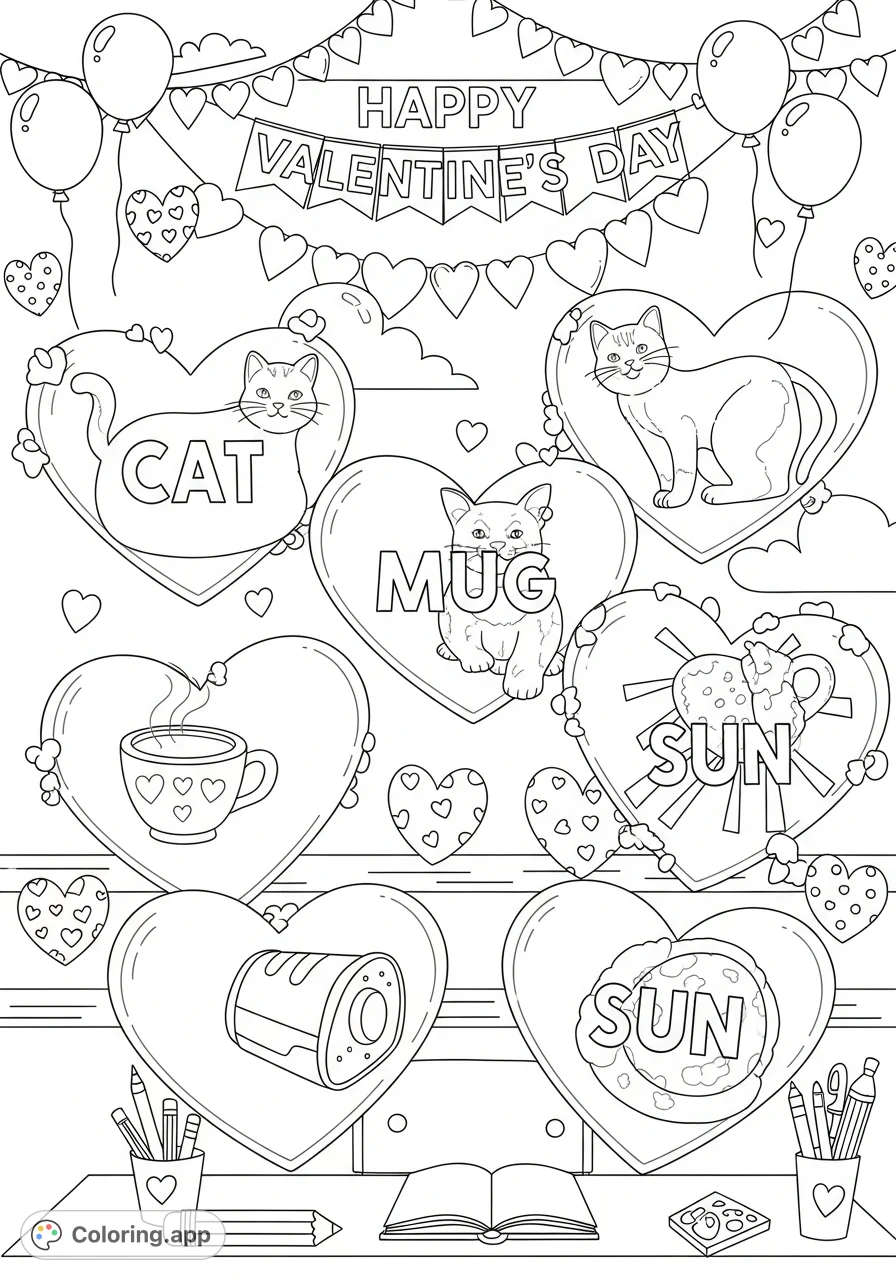 A charming Valentine's Day scene features hearts with CVC words and matching illustrations, alongside festive decorations. Perfect for young learners practicing early literacy.