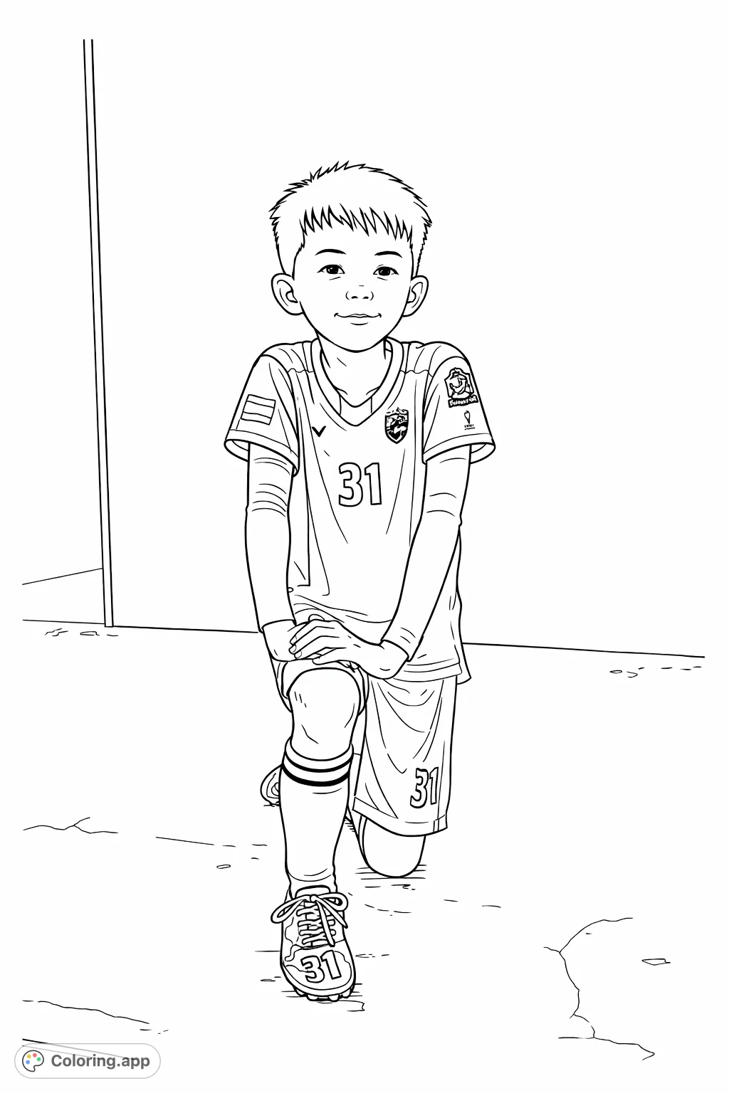 A delightful soccer coloring page featuring a young player in uniform, kneeling with a smile. Perfect for sports enthusiasts and aspiring athletes.